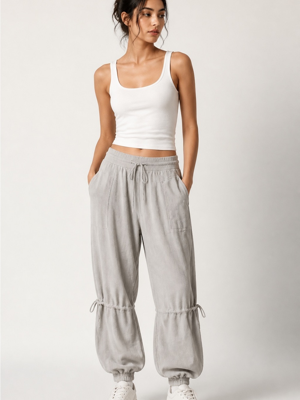 FP Movement by Free People Light Gray Drawstring Joggers with Ankle Ties